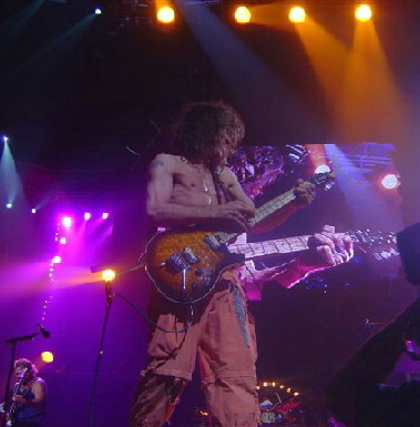 Edward Van Halen with a first year quilt top Wolfgang on the 2004 tour